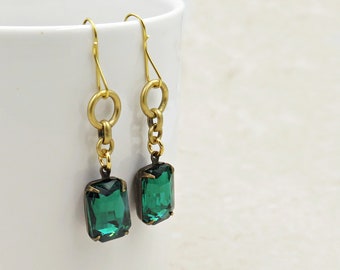 Emerald Green Chain Earrings, Holiday Gift for Her, Green Rhinestone Earrings, Gold Jewelry