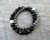 Black Onyx Bracelet, Gemstone Bracelet, Black Beaded Bracelet, Silver Stretch Bracelet, Boho, Stacking Bracelet - Phoebe