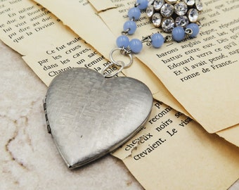 Patterned Silver Heart Locket, Vintage Rhinestone and Blue Beaded Chain, Heart Pendant with Photos, Your Photos Included