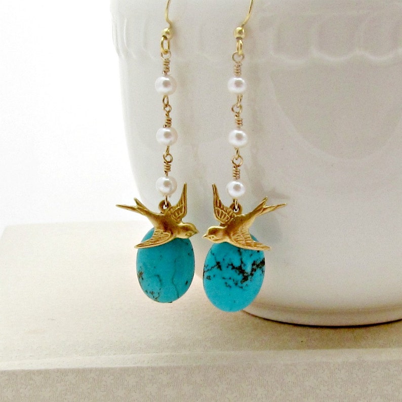 Bird Earrings Turquoise Earrings Pearl Dangle Earrings Etsy