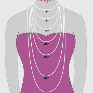 May include: A diagram showing different necklace lengths in inches, from 14 inches to 33 inches. The necklace lengths are shown on a woman's neck.