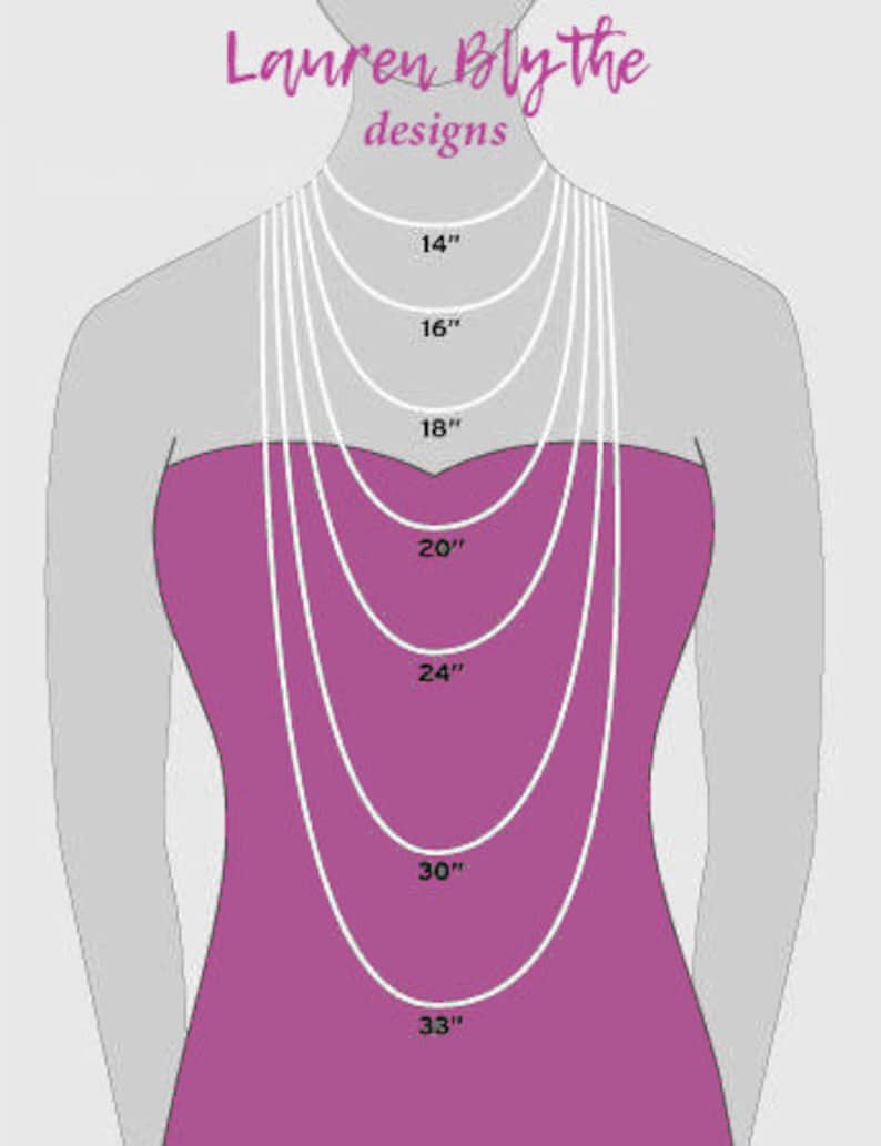 May include: A diagram showing different necklace lengths in inches, from 14 inches to 33 inches. The necklace lengths are shown on a woman's neck.