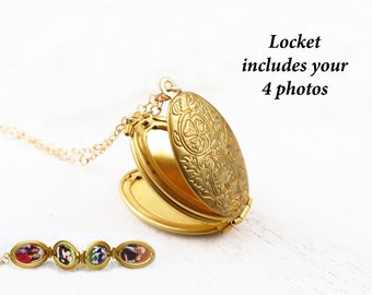 Family Tree Locket Necklace, Gold Necklace, Photo Pendant, Four Photo Locket, Personalized Photo Gift, Bride Bouquet