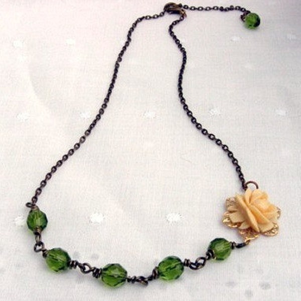 Necklace. Jewelry, Vintage Rose, Glass Beads, Cream, Green, Garden, Nature. Josslyn