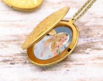 Collana con medaglione d'oro personalizzata, regalo personalizzato, foto di medaglioni di fiori, regalo di compleanno per lei, regalo di anniversario, medaglione ovale