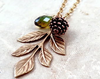 Leaf and Pinecone Necklace, Woodland Jewelry, Autumn Green Crystal Jewelry, Unique Gift