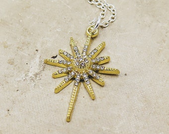 Collana Starburst in oro, Collana stella in oro, Ciondolo stella polare scintillante, Gioielli moderni di metà secolo, Sfarzo e Scintillio