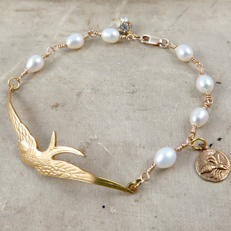 Bird Bracelet, Freshwater Pearl Bracelet, Bird Jewelry, Sparrow Bird Jewelry, Nature Jewelry, Gold Fill image 1