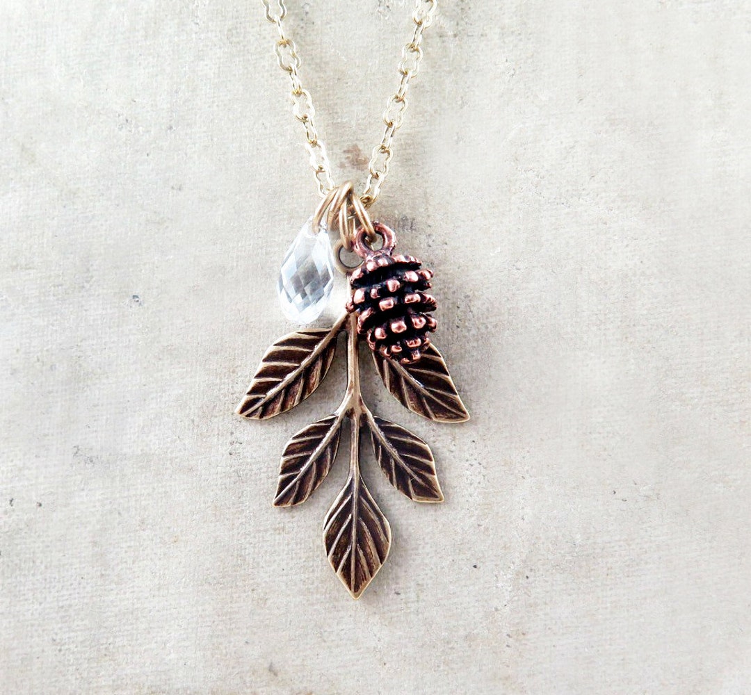 Leaf Pendant, Pinecone Necklace, Crystal Jewelry, Autumn Gift for Her ...