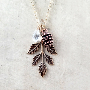Leaf Pendant, Pinecone Necklace, Crystal Jewelry, Autumn Gift for Her, Winter Wedding, Wedding Party Gifts for Bridesmaids image 1