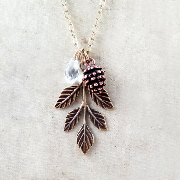 Leaf Pendant, Pinecone Necklace, Crystal Jewelry, Autumn Gift for Her, Winter Wedding, Wedding Party Gifts for Bridesmaids