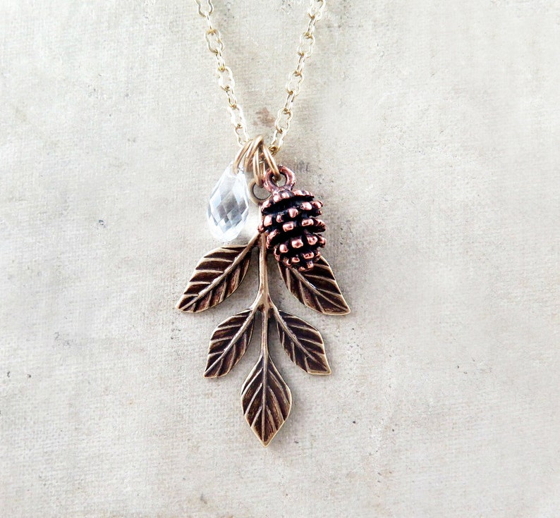 Leaf Pendant, Pinecone Necklace, Crystal Jewelry, Autumn Gift for Her, Winter Wedding, Wedding Party Gifts for Bridesmaids image 1