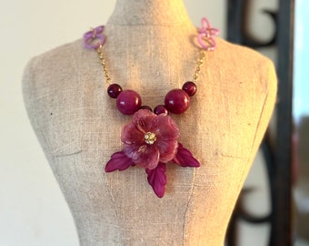 Sugar Plum Flower Statement Necklace, Vintage Resin Beads, Purple Floral Jewelry, Unique Necklace