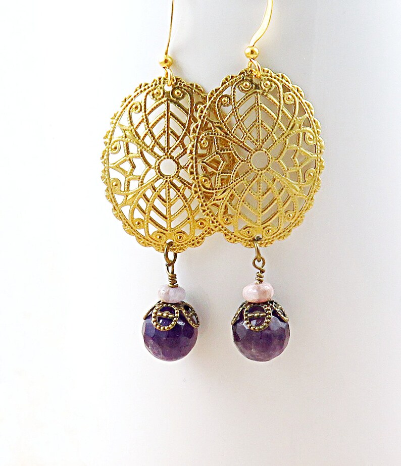 Purple Earrings Purple Bridesmaid Earrings Wedding Jewelry Boho Gold Filigree Earrings Amethyst Earrings Purple Bridesmaid Jewelry