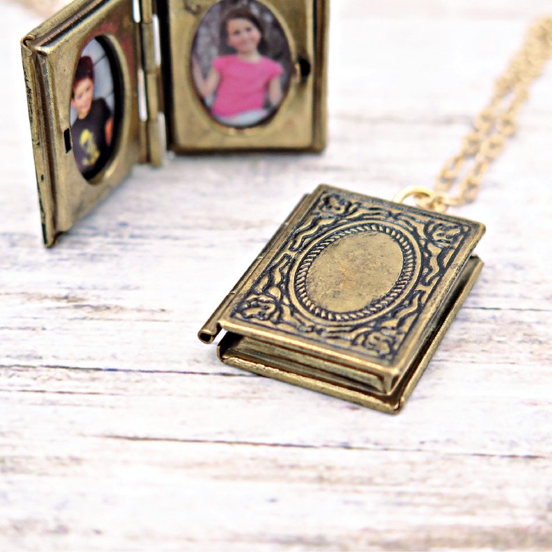 Book Locket with Photos, Personalized Necklace, Book Necklace, Teacher Jewelry, Graduation Gift, Book Pendant, Book Lover Gift image 1