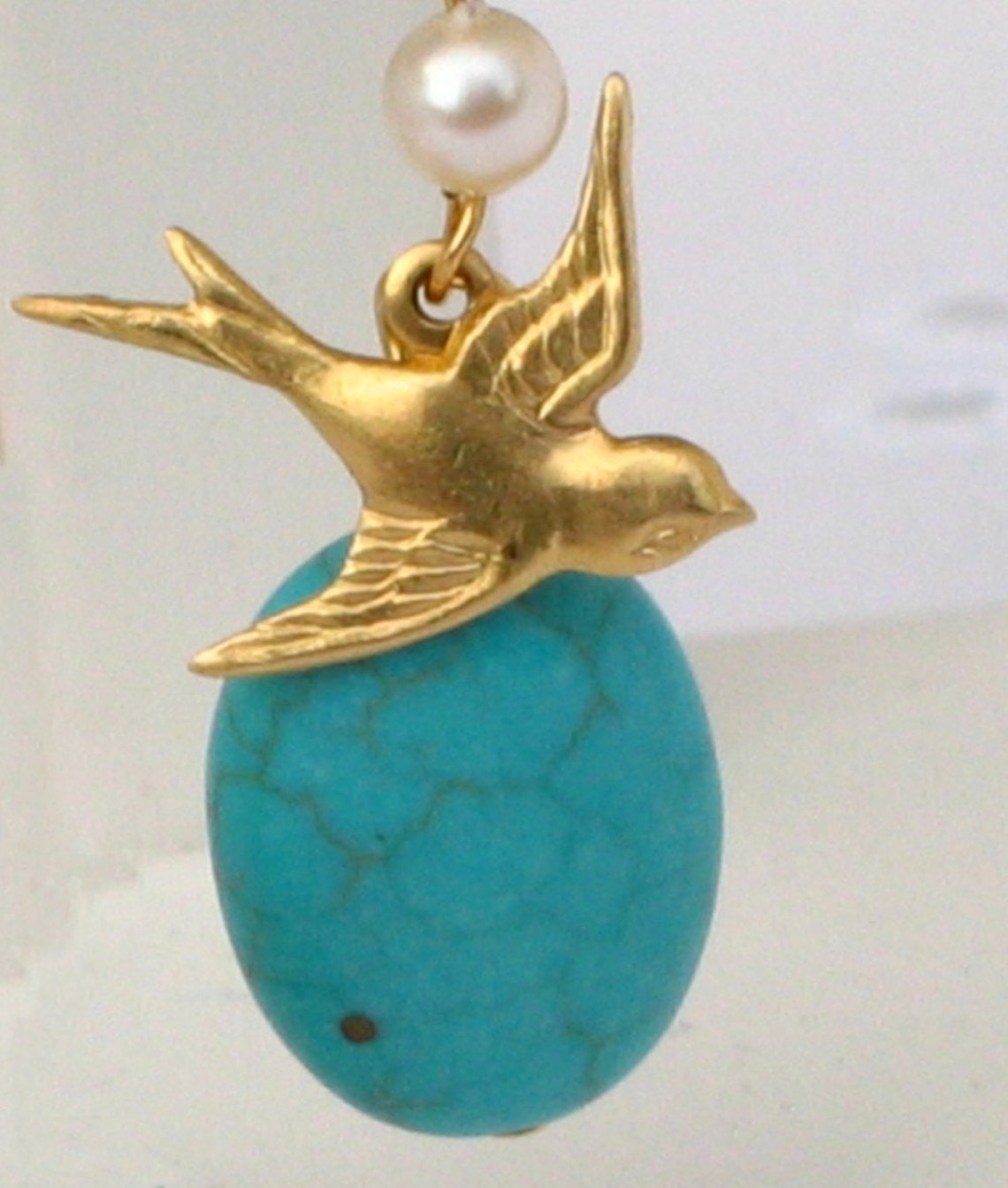 Bird Earrings Turquoise Earrings Pearl Dangle Earrings Etsy