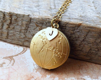 World Map Globe Locket Necklace: Personalized Initial Travel Jewelry