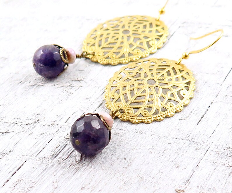 Purple Earrings Purple Bridesmaid Earrings Wedding Jewelry Boho Gold Filigree Earrings Amethyst Earrings Purple Bridesmaid Jewelry