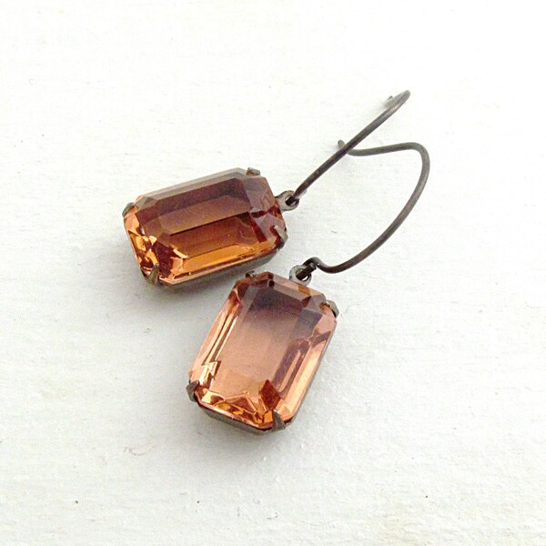 Peach Rhinestone Earrings Vintage Glass Jewels Emerald Cut Earrings Estate Jewelry Bridal Earrings Hollywood Glam - Lara