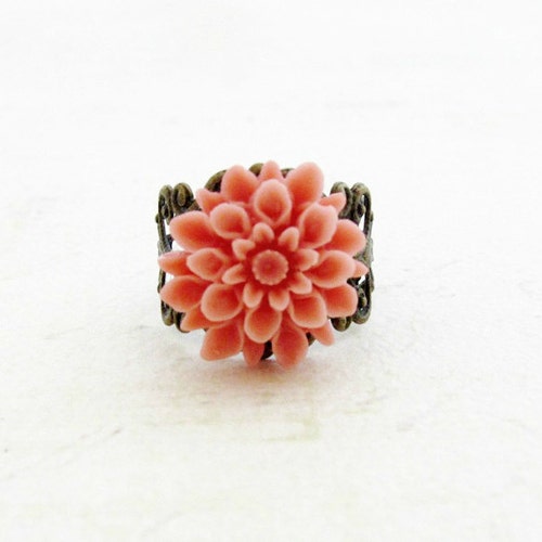 SALE Pink Coral Flower Ring Dahlia Flower Ring Filigree Ring Vintage Inspired Ring Bridesmaid Gift - Honeysuckle Dreams