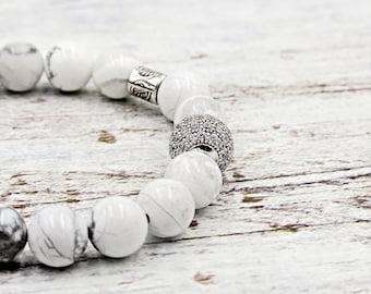 White Howlite Beaded Bracelet with Pave, Sparkle Jewelry, Stacking Bracelet, Stretch Bracelet