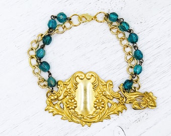 Art Nouveau Bracelet, Vintage Beaded Jewelry, Statement Bracelet, Teal Jewelry, Flower Bracelet, Stacking Jewelry
