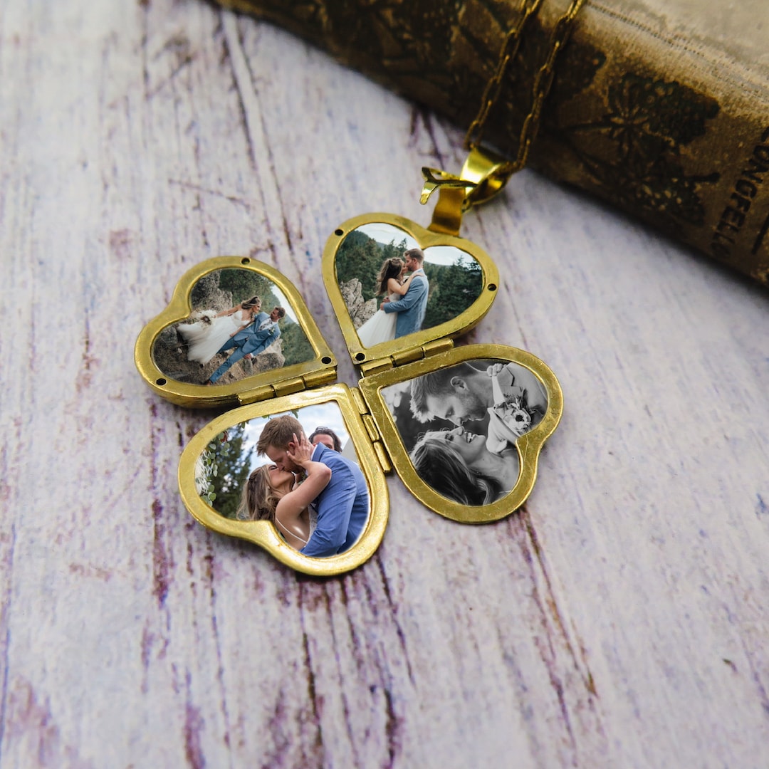 Gold Heart Locket Necklace Family Photo Necklace With Photos Etsy