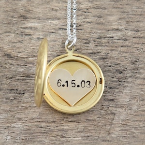 Gold Locket with Photo and Heart Insert, Personalized Mothers Day Gift, Hand Stamped Date Necklace, New Mom Gift, Wedding Date Gift