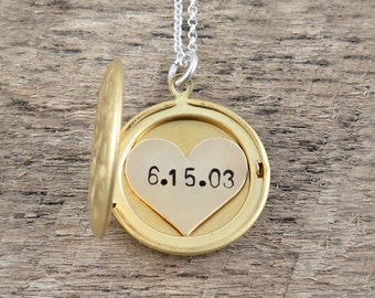 Gold Locket Necklace with Photo, Custom Heart Inlay, Personalized Date Gift for Her, New Mom Present, Wedding Date Heirloom
