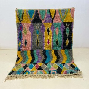 Vibrant Boujad Moroccan Rug | Handmade Colorful Berber Wool Shag Rug | Abstract Geometric Bohemian Area Rug | Unique Vintage Floor Decor