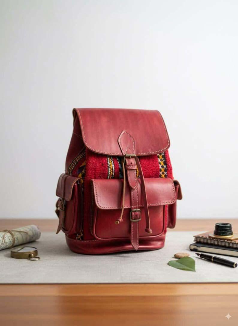 Berber Moraccan Backpack Pocketbook Vintage Kilim Leather Backpack: Moroccan Berber Travel Bag  main image 2