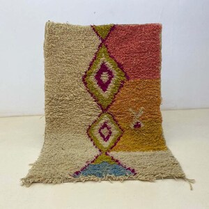 Asymmetric Moroccan Runner Rug | Boho Hallway Rug with Diamond Motif | Handmade Berber Wool Shag Runner | Earthy Terracotta & Pink Rug
