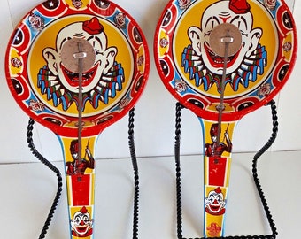 Pair Vtg Metal Tin Toy New Years Eve Birthday Party Clown Clacker Noise Maker