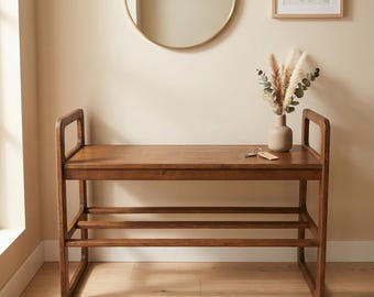Walnut Entryway Bench, Mid Century Modern Shoe Storage, Handmade Furniture