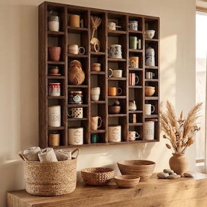Pu&ograve; includere: Una mensola in legno scuro piena di varie tazze, piccole ciotole e oggetti decorativi. Sotto, un cesto intrecciato contiene asciugamani arrotolati e diverse ciotole intrecciate sono su una superficie di legno. Un vaso con piante secche &egrave; a destra.