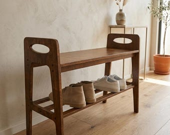Mid Century Modern Entryway Bench, Walnut Wood Shoe Storage Bench, Handmade Storage Furniture