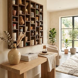 Pu&ograve; includere: Una mensola in legno piena di varie tazze e piccoli oggetti decorativi. Un tavolo in legno ospita un vaso, libri e una caffettiera. La stanza ha una palette di colori neutri.