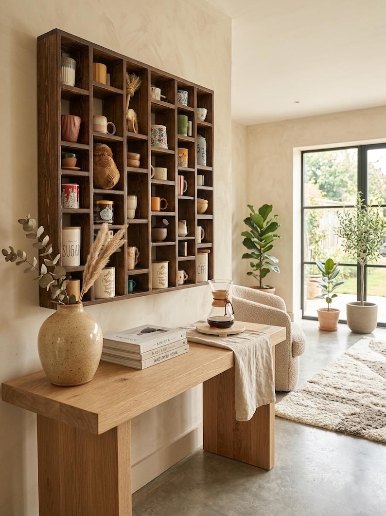 Pu&ograve; includere: Una mensola in legno piena di varie tazze e piccoli oggetti decorativi. Un tavolo in legno ospita un vaso, libri e una caffettiera. La stanza ha una palette di colori neutri.