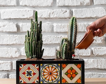 Wooden Planter With Mexican Tiles – Talavera Planter- Indoor and Outdoor Flower Box- Garden Decoration