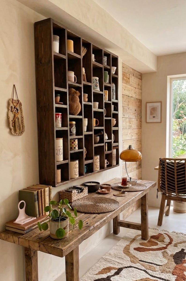 Pu&ograve; includere: Un tavolo in legno rustico con una collezione di libri, una pianta in vaso e una mensola decorativa piena di tazze e piccoli oggetti. Una lampada in stile vintage e un tappeto tessuto aggiungono all'estetica accogliente. La mensola &egrave; marrone scuro.