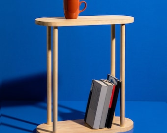 Oval Two-Tier Wooden Side Table, Slim End Table, Minimal Sofa Table, Narrow Bedside Table, Modern Wood Shelf Table, Homeda Style Decor