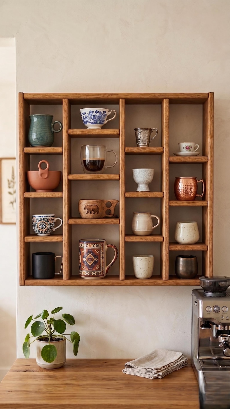 Pu&ograve; includere: Una mensola in legno con una variet&agrave; di tazze e ciotole. La collezione comprende pezzi in ceramica, vetro e metallo in una gamma di colori e motivi. Una piccola pianta e una macchina per l'espresso sono visibili sotto.