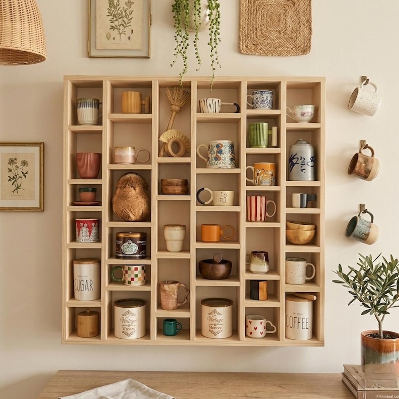Pu&ograve; includere: Una mensola in legno piena di varie tazze, tazze e piccole ciotole. La mensola &egrave; divisa in numerosi scomparti, che mostrano una collezione diversificata di articoli in ceramica e gres in vari colori e motivi. Alcune tazze sono appese al muro.
