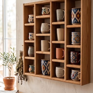 Pu&ograve; includere: Mensola a muro in legno piena di varie tazze in ceramica. Le tazze presentano diversi motivi e colori, tra cui disegni blu, marroni e fantasia. La mensola &egrave; in legno chiaro ed &egrave; montata su una parete bianca.