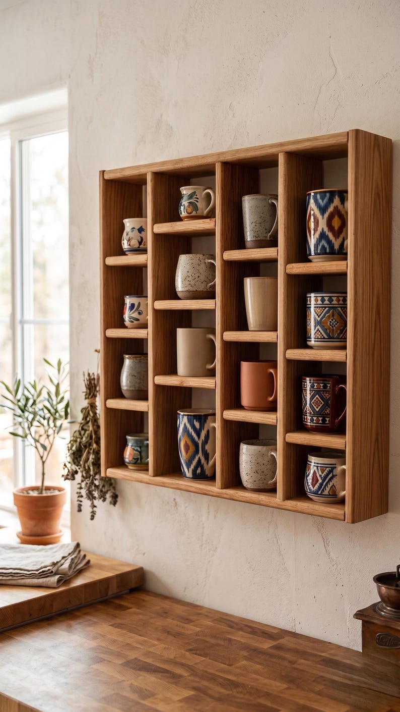 Pu&ograve; includere: Mensola a muro in legno piena di varie tazze in ceramica. Le tazze presentano diversi motivi e colori, tra cui disegni blu, marroni e fantasia. La mensola &egrave; in legno chiaro ed &egrave; montata su una parete bianca.