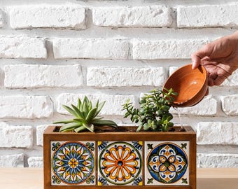 Handmade Wooden Planter With Mexican Tiles, Natural And Elegant Design,Home and Garden Decoration,Custom