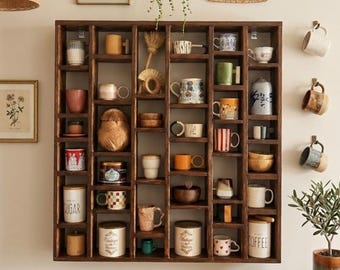 Estante organizador de tazas de madera, almacenamiento de pared para barra de café, soporte para tazas hecho a mano, exhibición moderna para estación de café de cocina