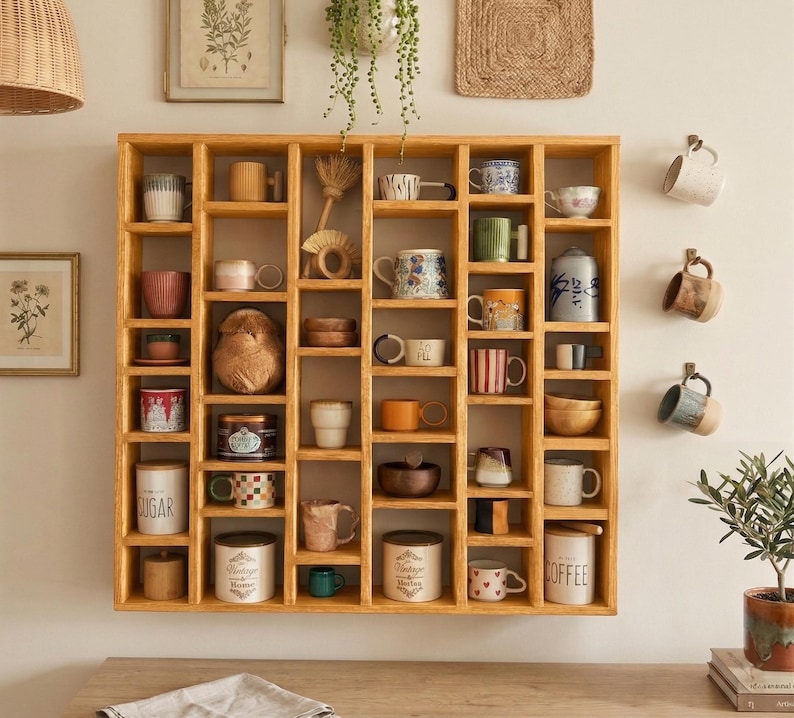Pu&ograve; includere: Una mensola in legno con pi&ugrave; scomparti, piena di tazze, tazzine e oggetti decorativi. La mensola &egrave; montata su una parete beige, con tazze aggiuntive appese a ganci. Gli articoli sono di vari colori e design.