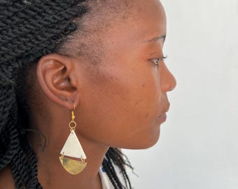African Brass and Bone Dangle Earrings: Tribal Boho Statement Jewelry