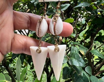 Tribal Boho Statement Earrings: African Bone, Brass & Shell Dangles